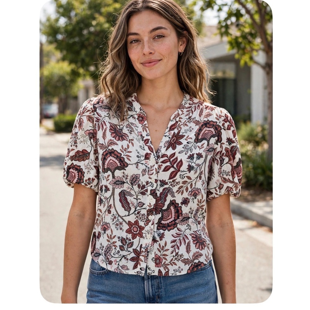 Joie Floral Paisley Linen Blend Puff Sleeve Button Front Blouse Burgundy Cream L